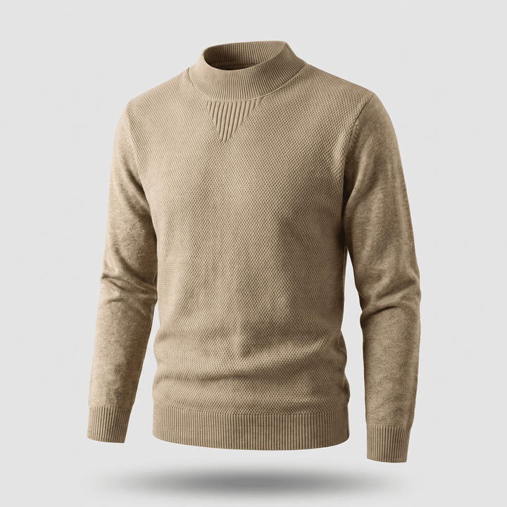 Camel jacquard knit sweater with ribbed mock neck and long sleeves