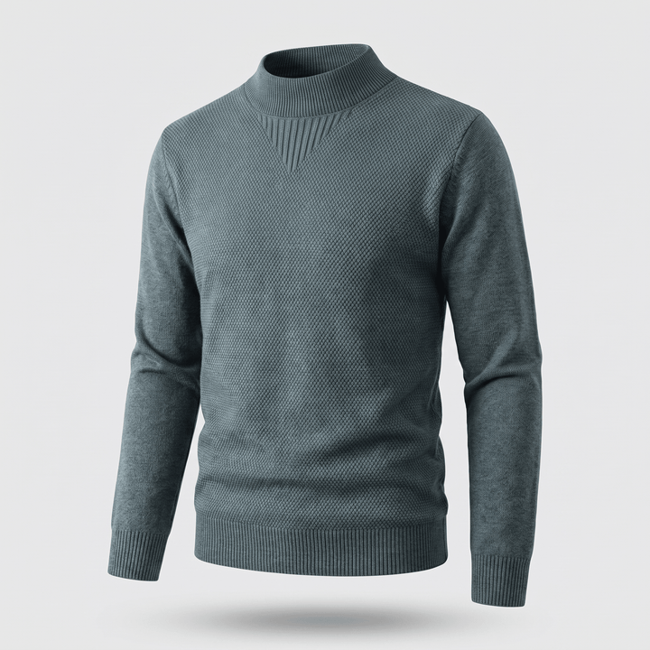 Slate green jacquard knit sweater with ribbed mock neck and long sleeves