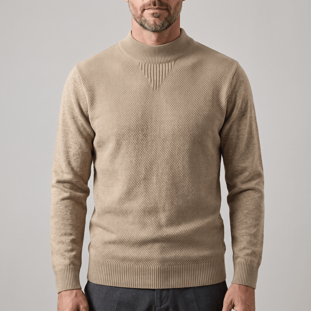Camel jacquard knit sweater, ribbed mock neck, long sleeves, V-stitch yoke
