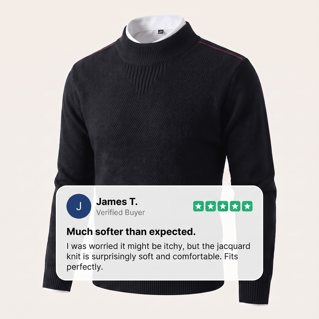 Black jacquard knit sweater with ribbed mock neck, long sleeves, ribbed hem