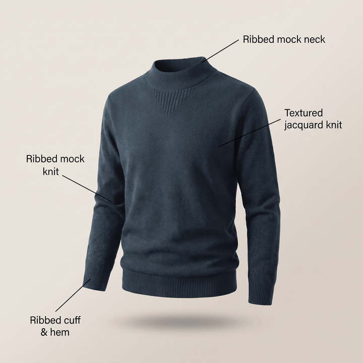 Slate green jacquard knit sweater with ribbed mock neck, cuffs, and hem