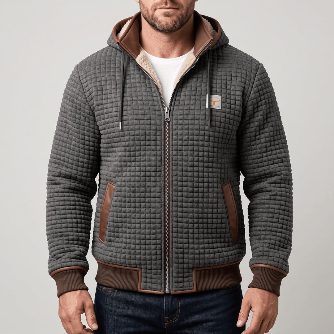 Men's grey quilted fleece-lined jacket with full-zip and brown leather-look trim