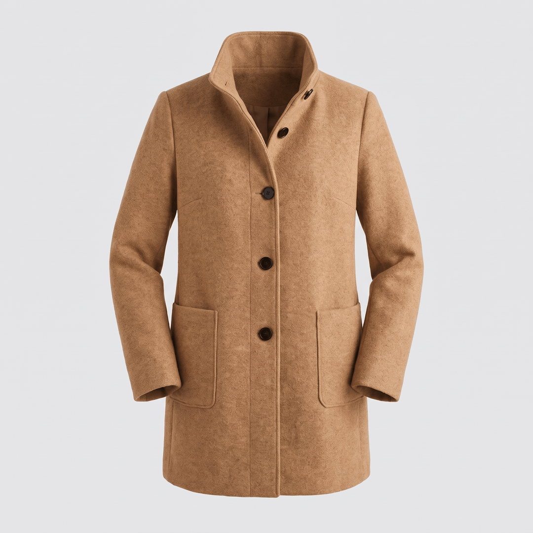 Tan coat with button front, stand collar, and two side pockets