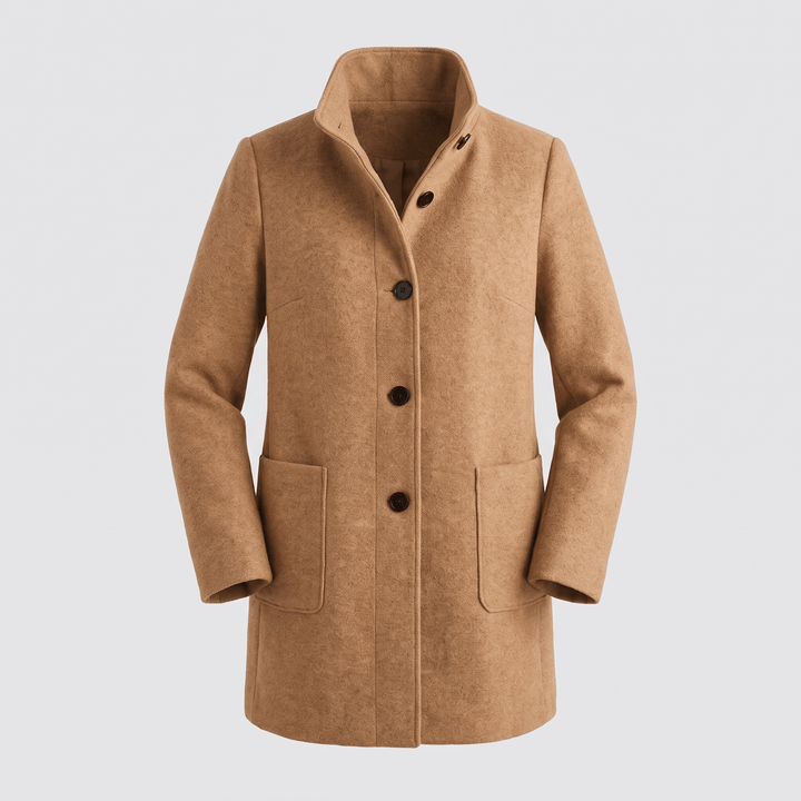 Tan coat with button front, stand collar, and two side pockets