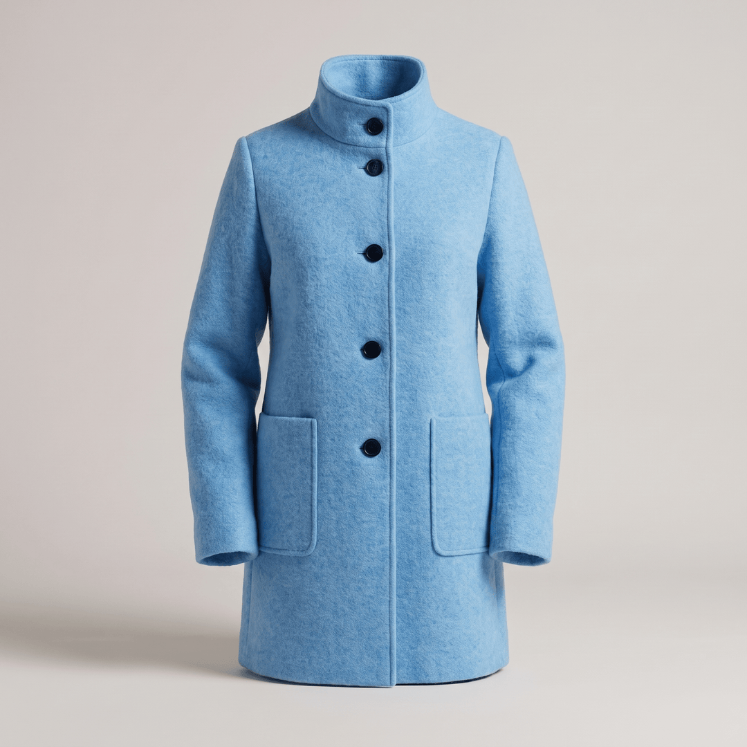 ARIA all-season comfort coat in light blue with high collar and four-button front
