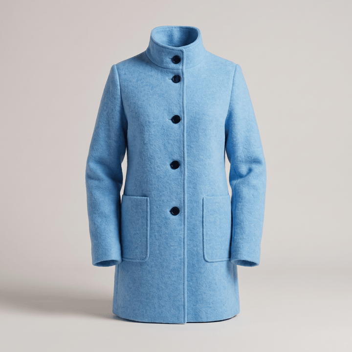 ARIA all-season comfort coat in light blue with high collar and four-button front