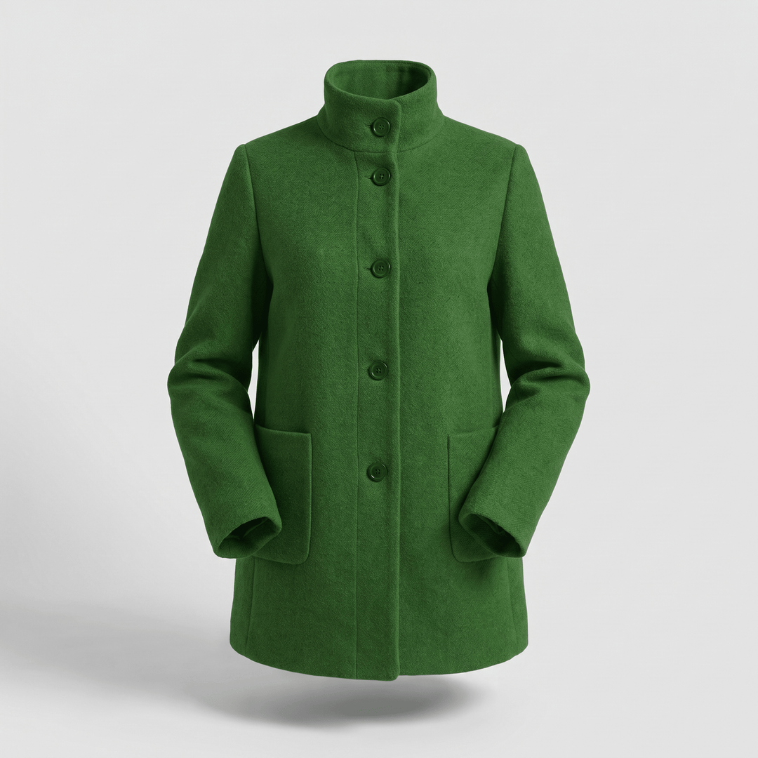 Green coat with button front, stand collar, and two side pockets