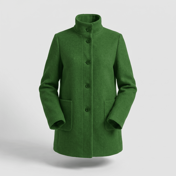 Green coat with button front, stand collar, and two side pockets