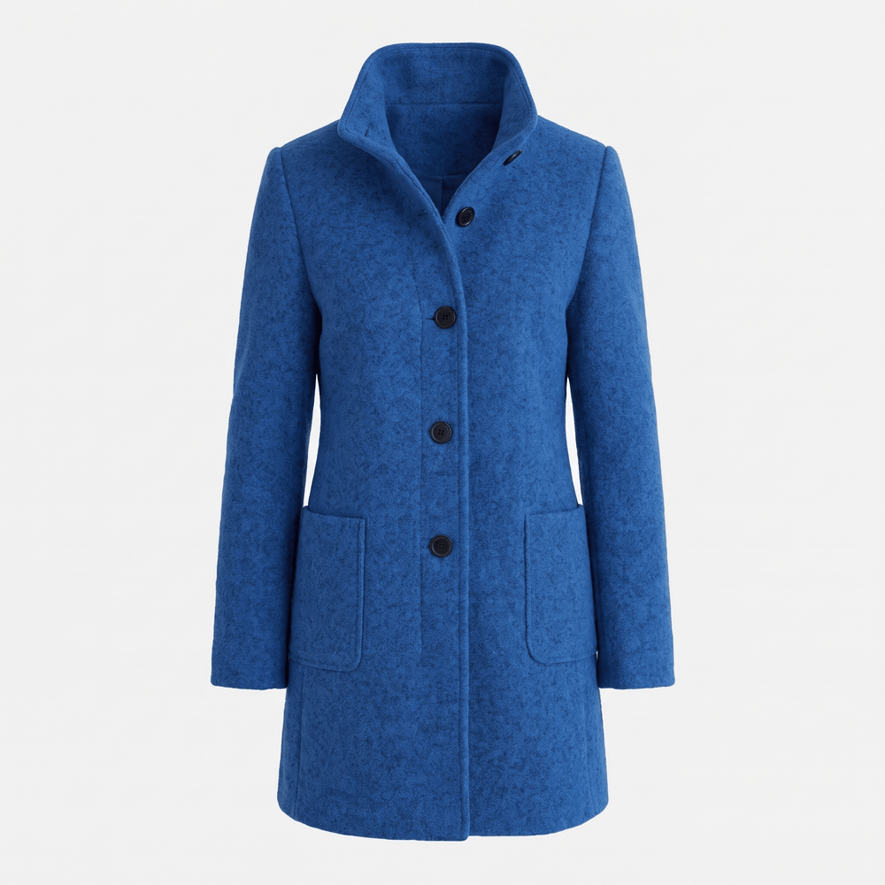 Blue all-season coat with button front, stand collar, and two side pockets