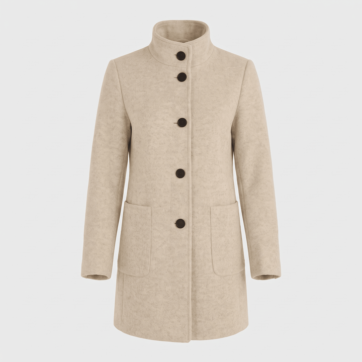 Light cream coat with button front, stand collar, and two side pockets