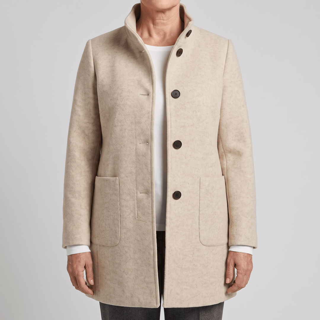 Light beige hooded coat with button front and two side pockets