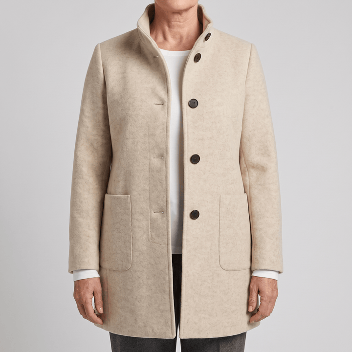 Light beige hooded coat with button front and two side pockets