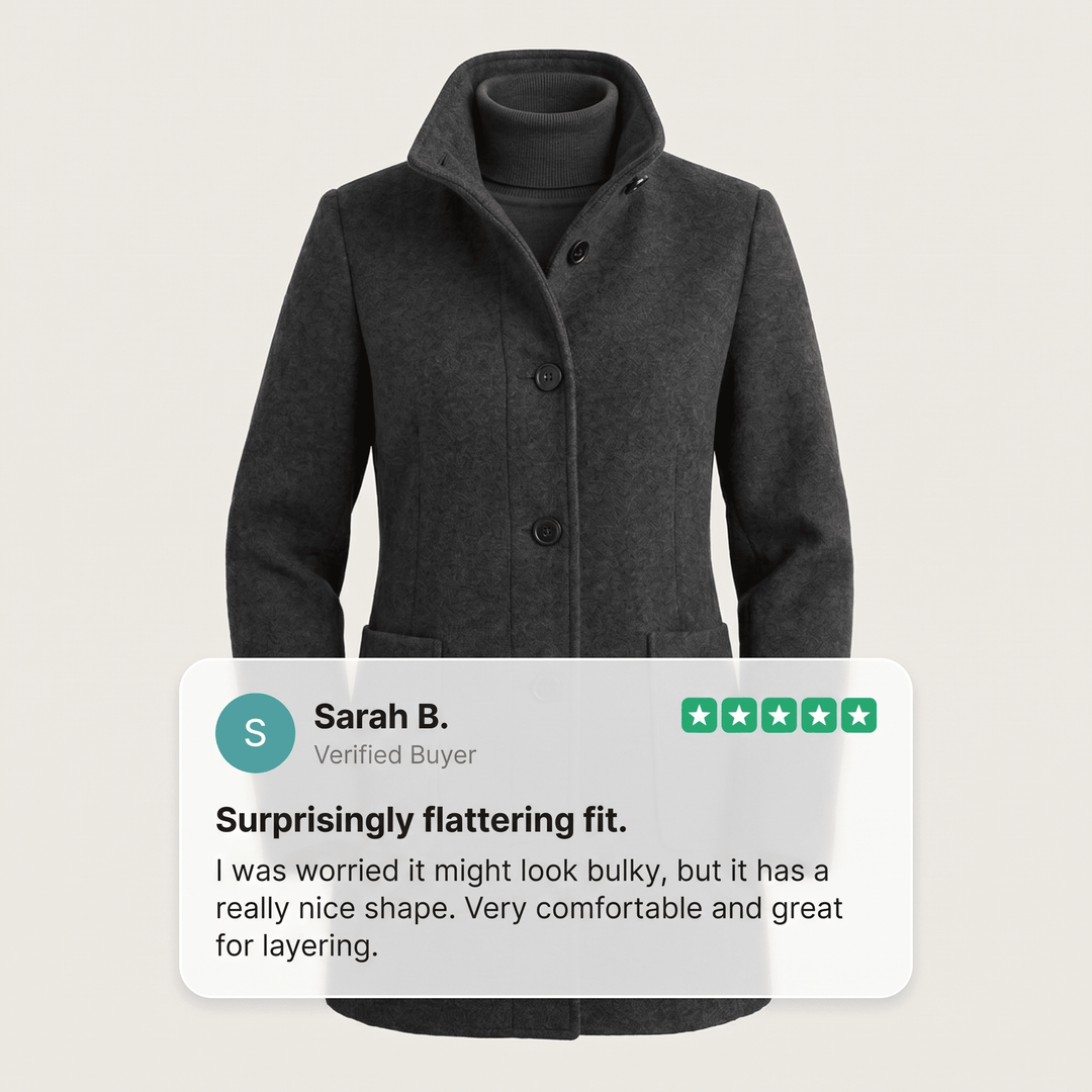Dark gray coat with stand collar and button placket, plus side welt pockets