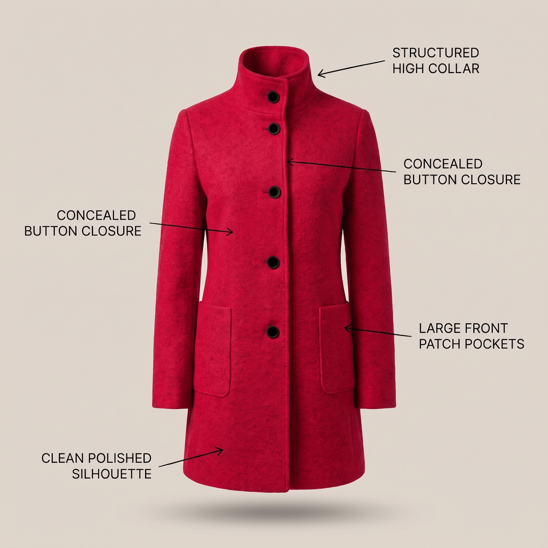 ARIA all-season comfort coat in red with structured high collar, button front, patch pockets