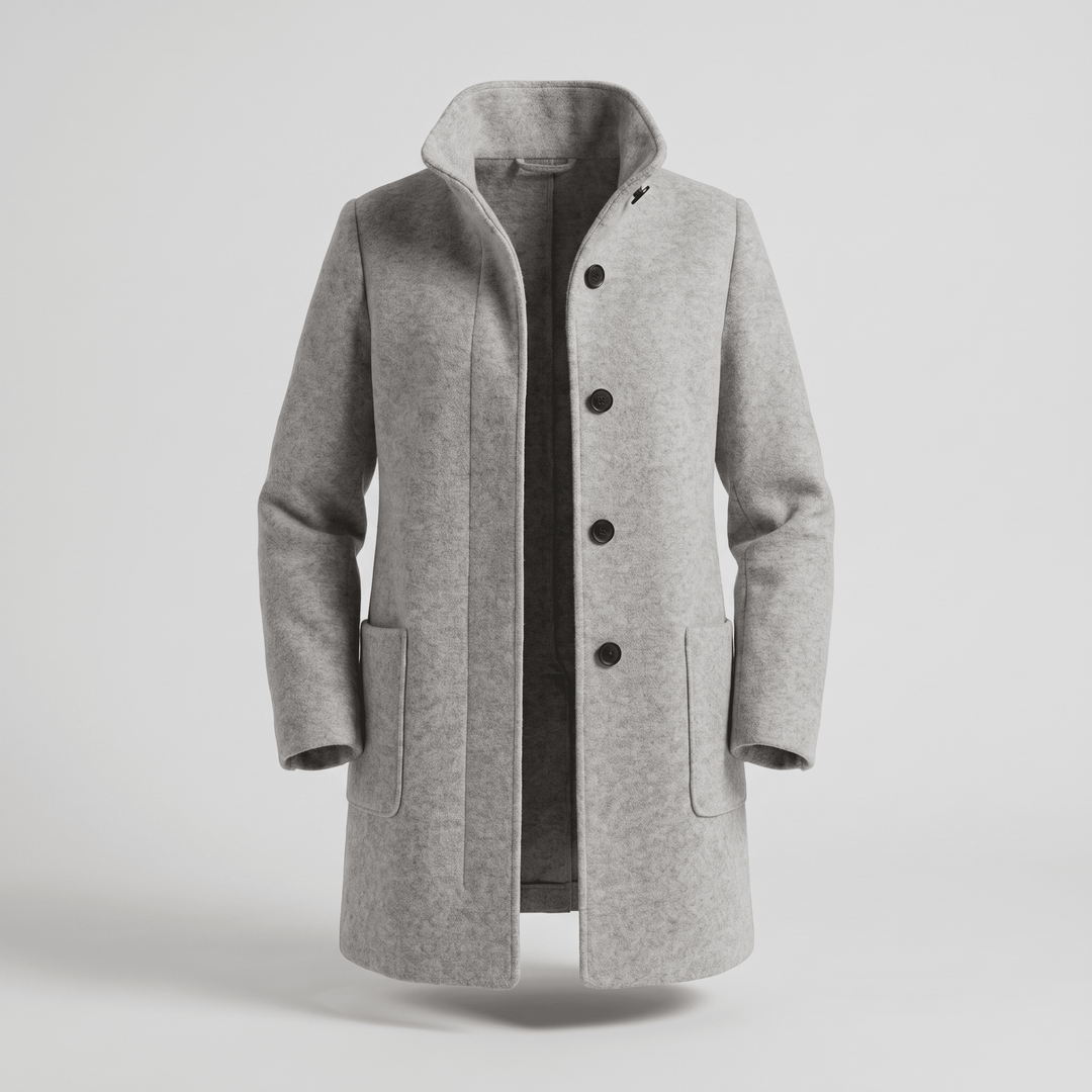 Gray hooded coat with button front and two side pockets