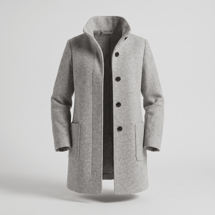 Gray hooded coat with button front and two side pockets