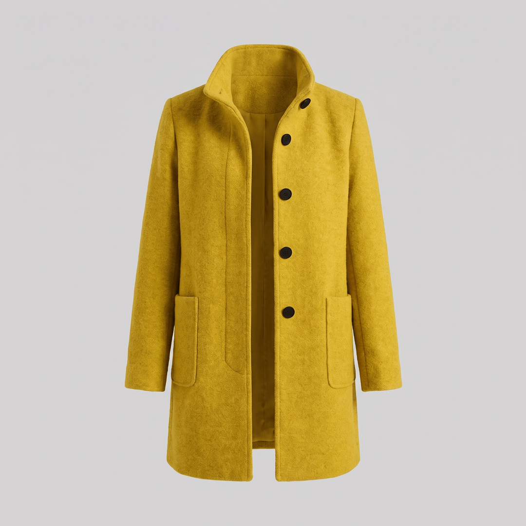 ARIA all-season comfort coat in mustard yellow with high collar and patch pockets
