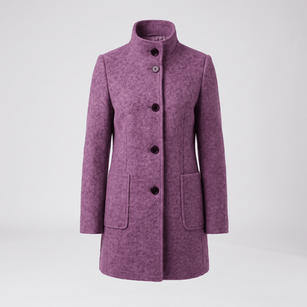 Purple coat with button front, stand collar, and two side pockets