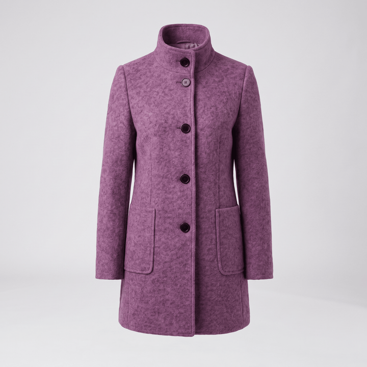 Purple coat with button front, stand collar, and two side pockets