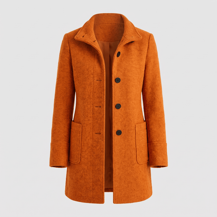 Orange hooded coat with button front and two side pockets