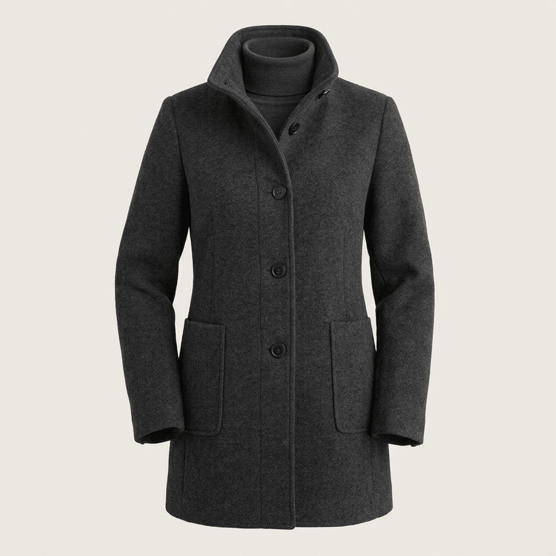 Charcoal gray coat with button front, stand collar, and two side pockets
