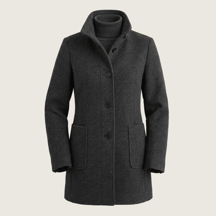Charcoal gray coat with button front, stand collar, and two side pockets