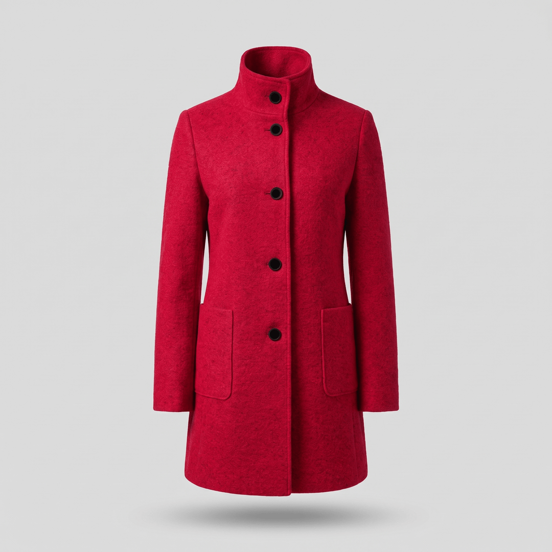 Red coat with button front, stand collar, and two side pockets