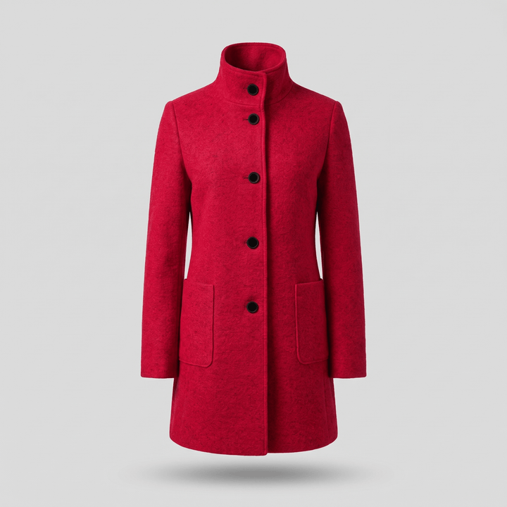Red coat with button front, stand collar, and two side pockets