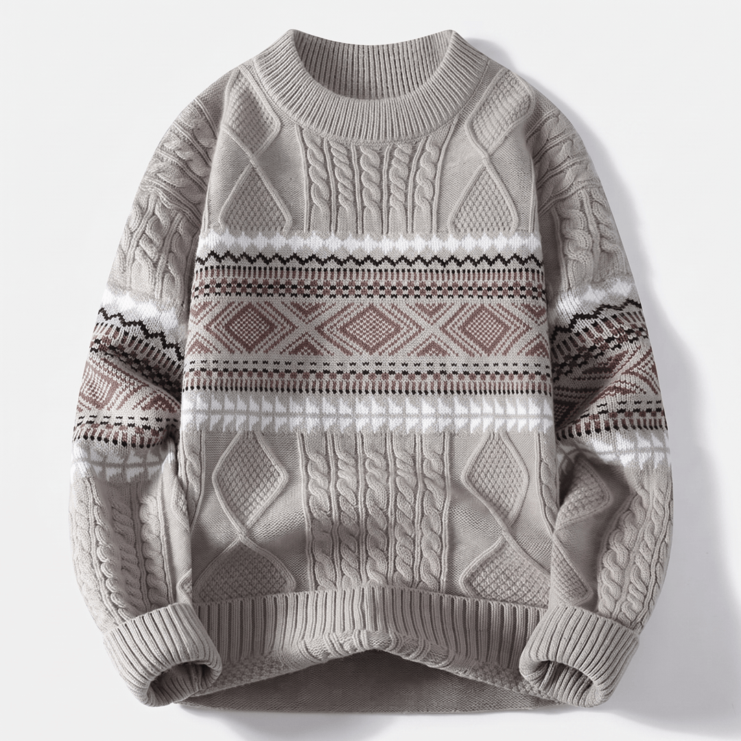 Light gray crew-neck textured knit sweater with diamond Nordic fair isle stripe pattern