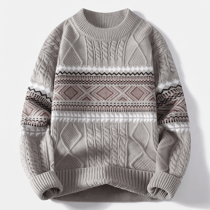 Light gray crew-neck textured knit sweater with diamond Nordic fair isle stripe pattern