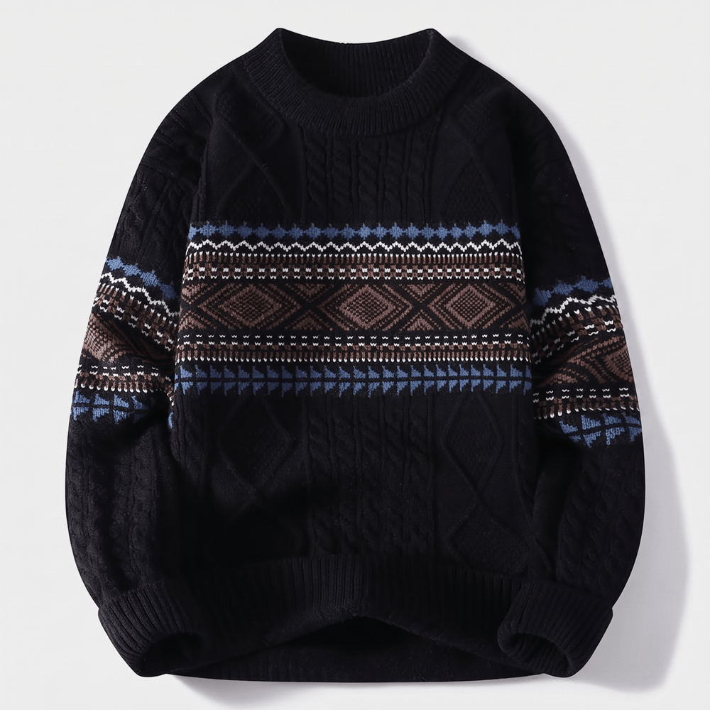 Dark navy crew-neck cable knit sweater with multicolor Nordic fair isle stripe pattern