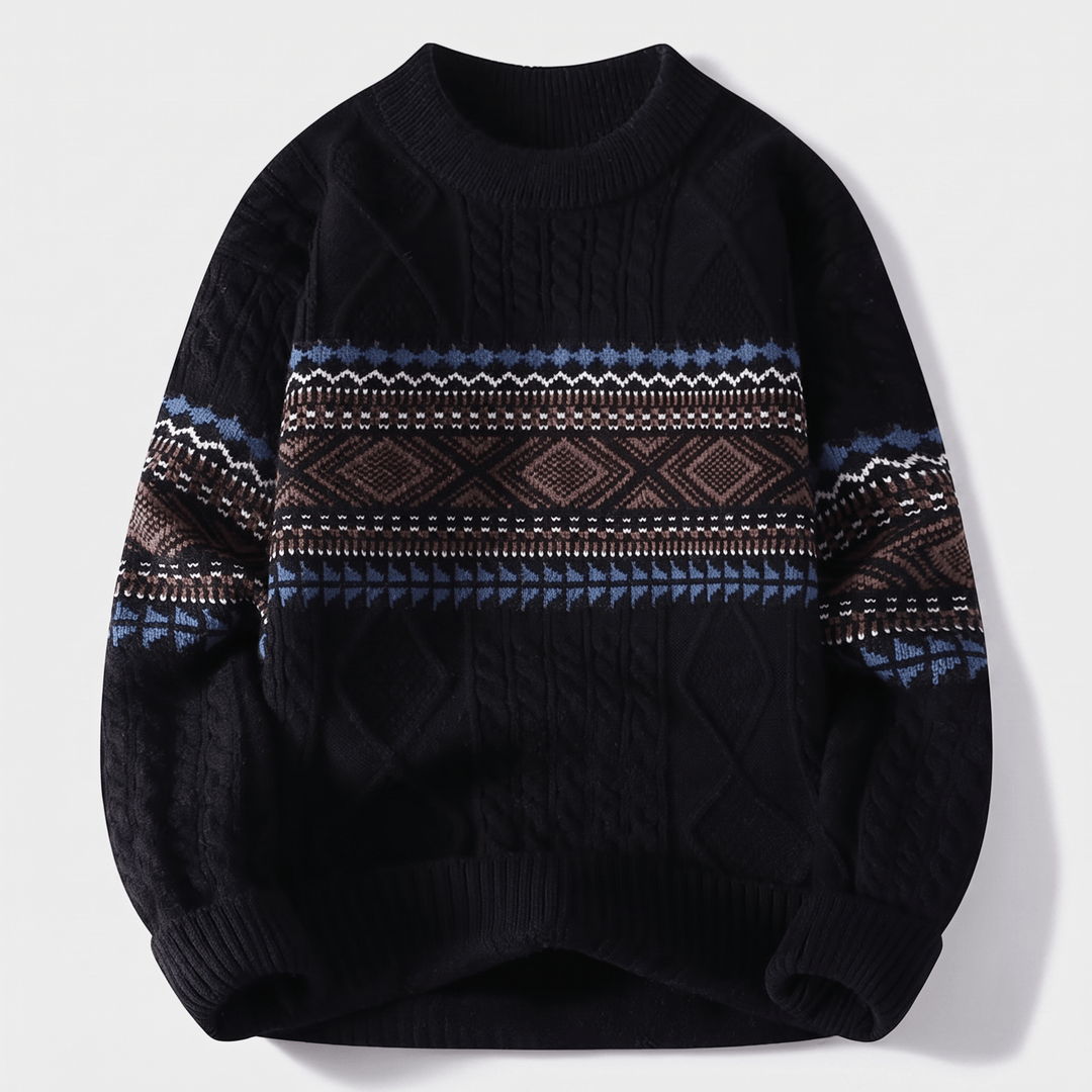 Dark navy crew-neck cable knit sweater with multicolor Nordic fair isle stripe pattern