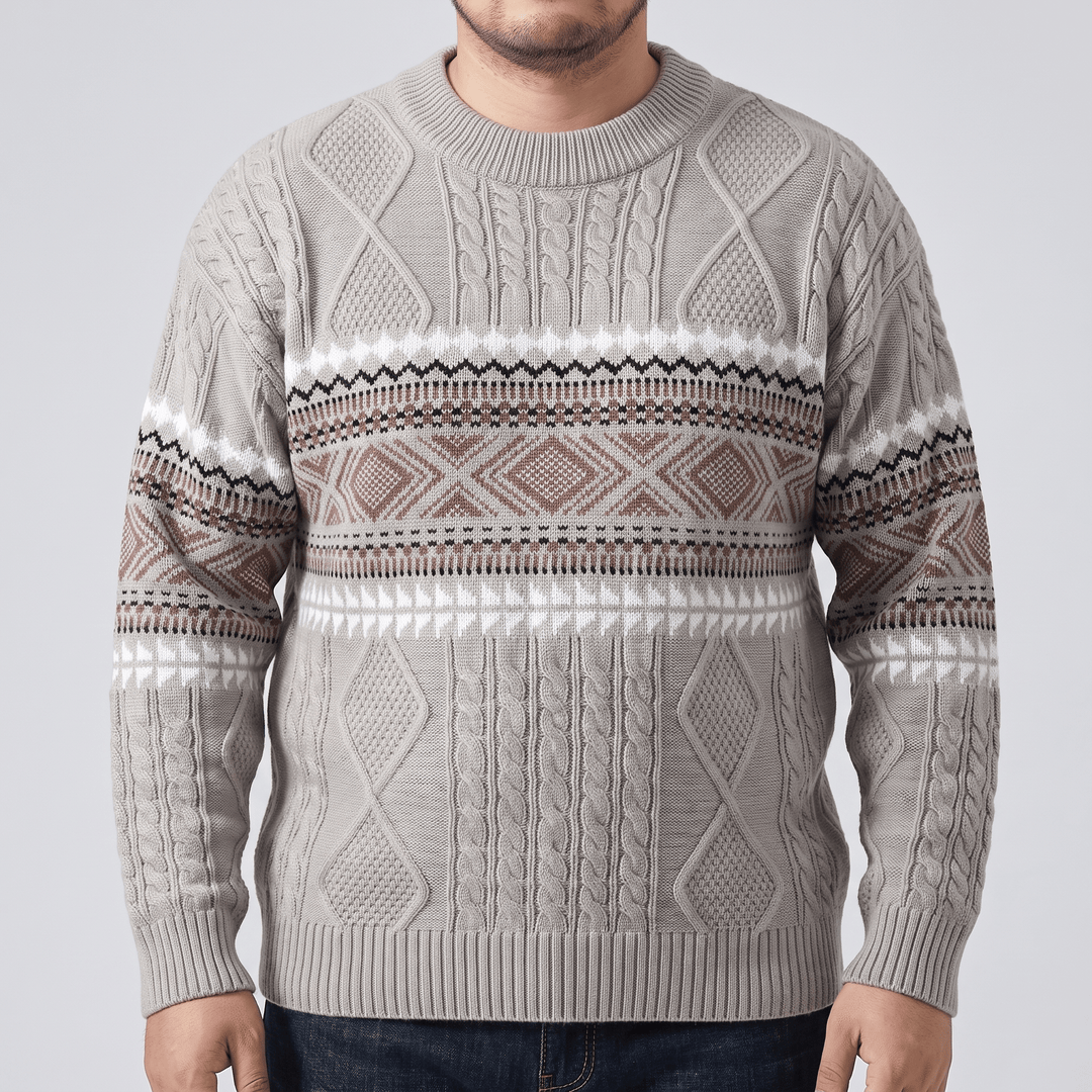 Light gray crew-neck cable knit sweater with diamond Nordic fair isle stripe pattern