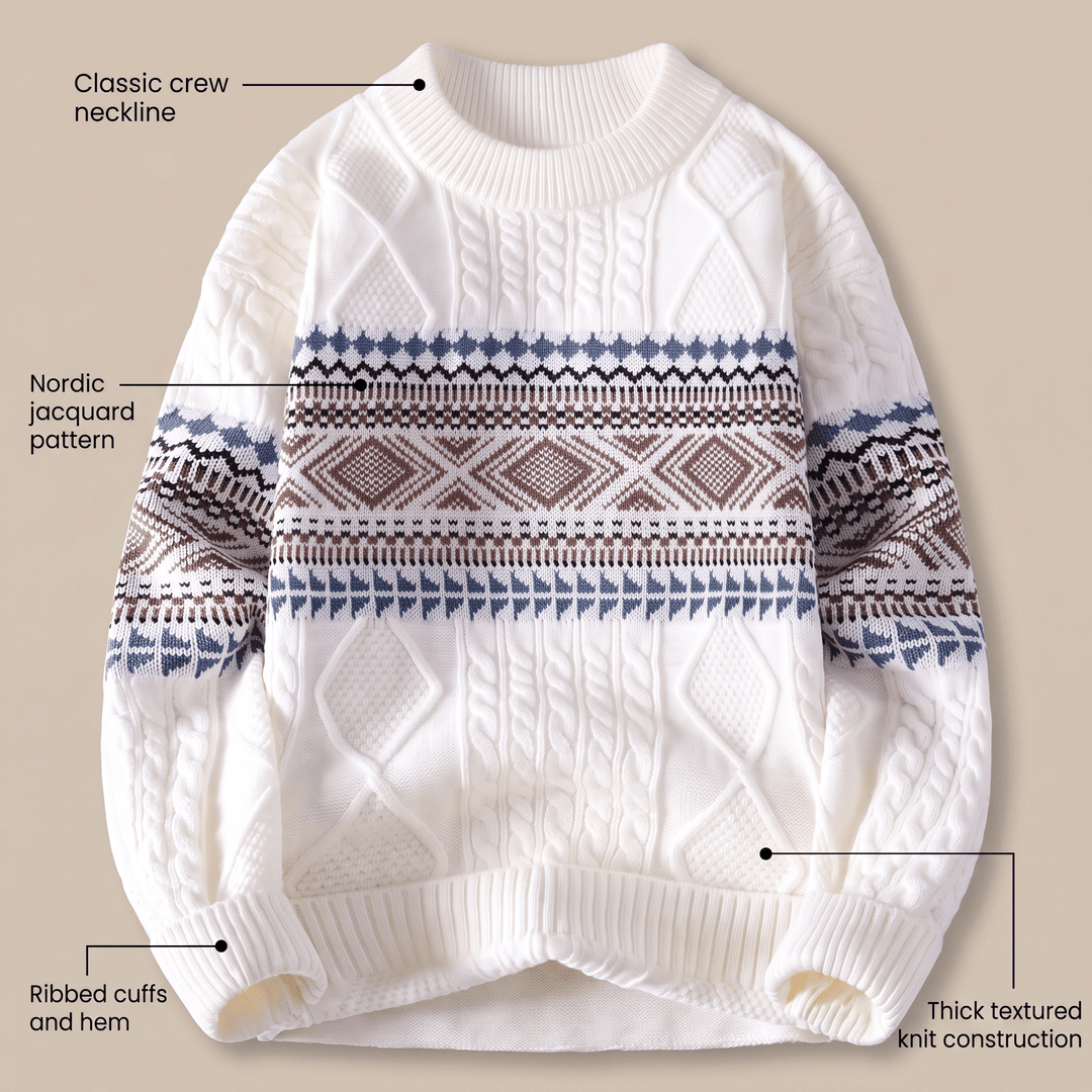 White thick textured crew-neck knit sweater with Nordic fair isle stripe and diamond motifs