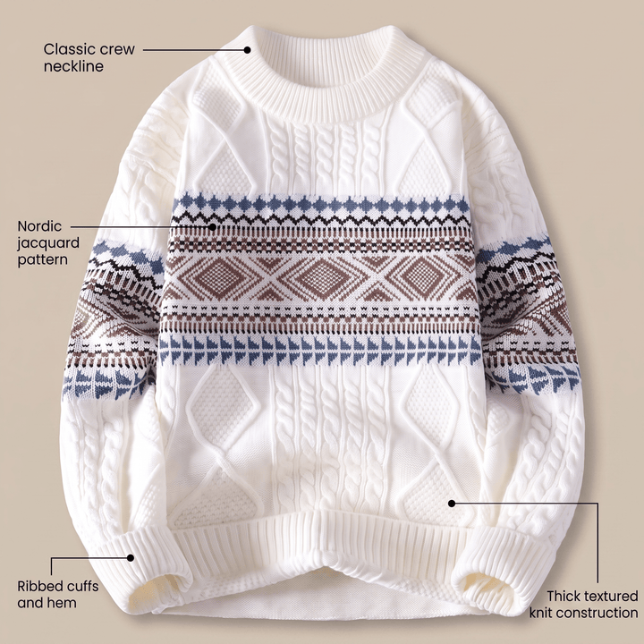 White thick textured crew-neck knit sweater with Nordic fair isle stripe and diamond motifs