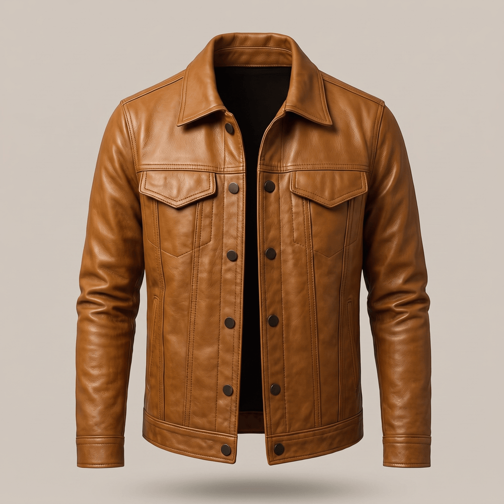 Brown leather jacket with stand collar, button placket, two flap chest pockets