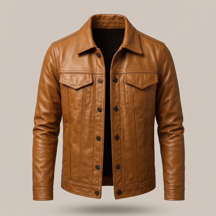 Brown leather jacket with stand collar, button placket, two flap chest pockets