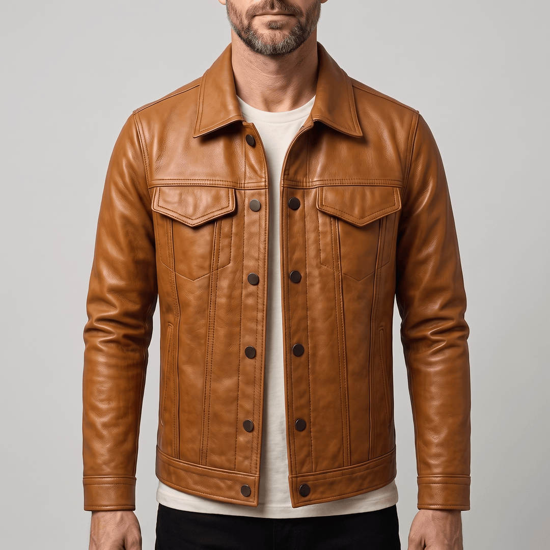 Brown leather jacket with button front and two chest flap pockets, dark collar
