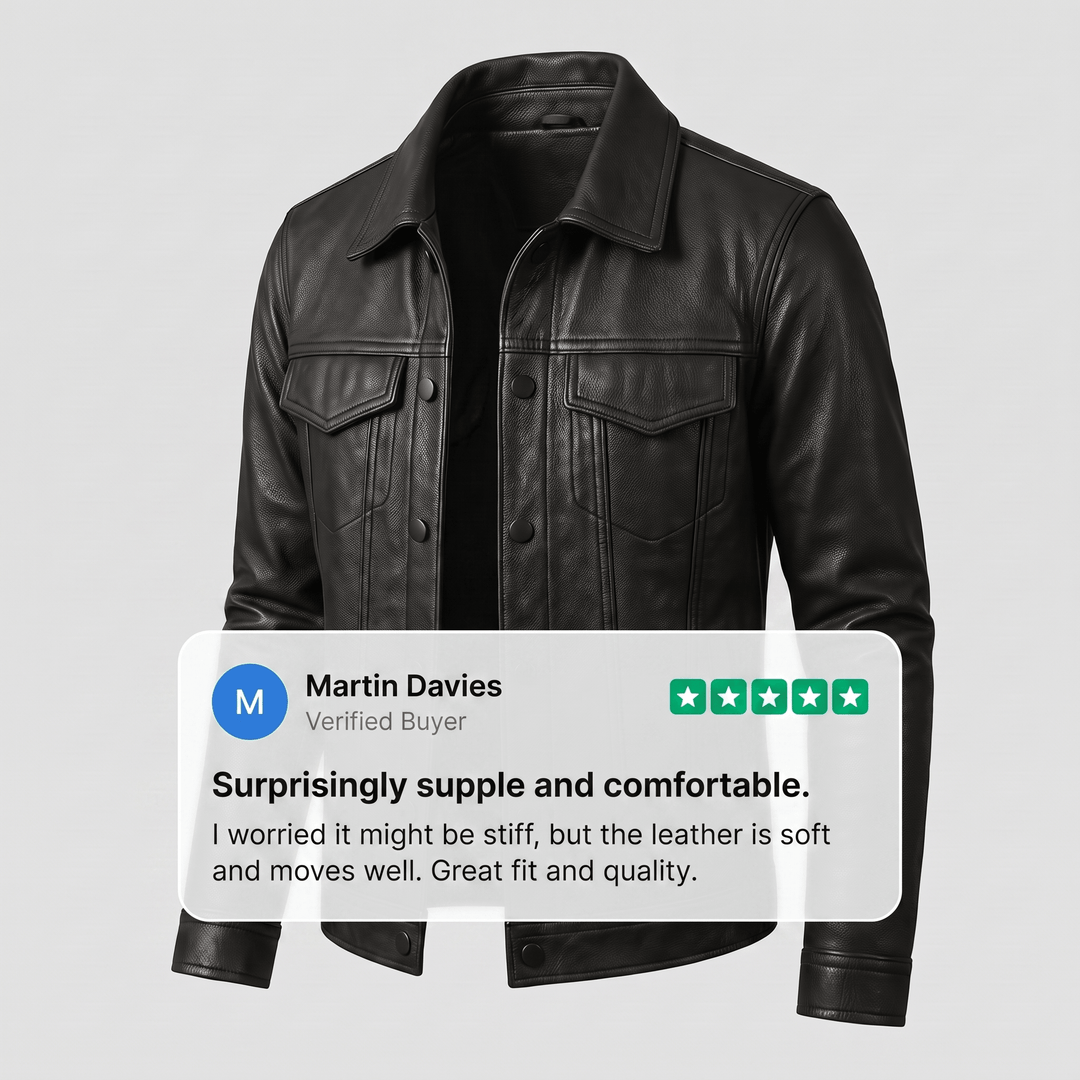 Black leather jacket with stand collar, button front, and two chest flap pockets