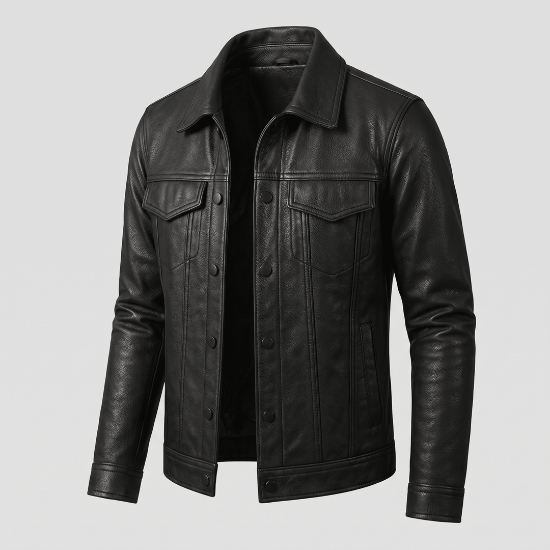 Black leather jacket with button front and two chest flap pockets, pointed collar
