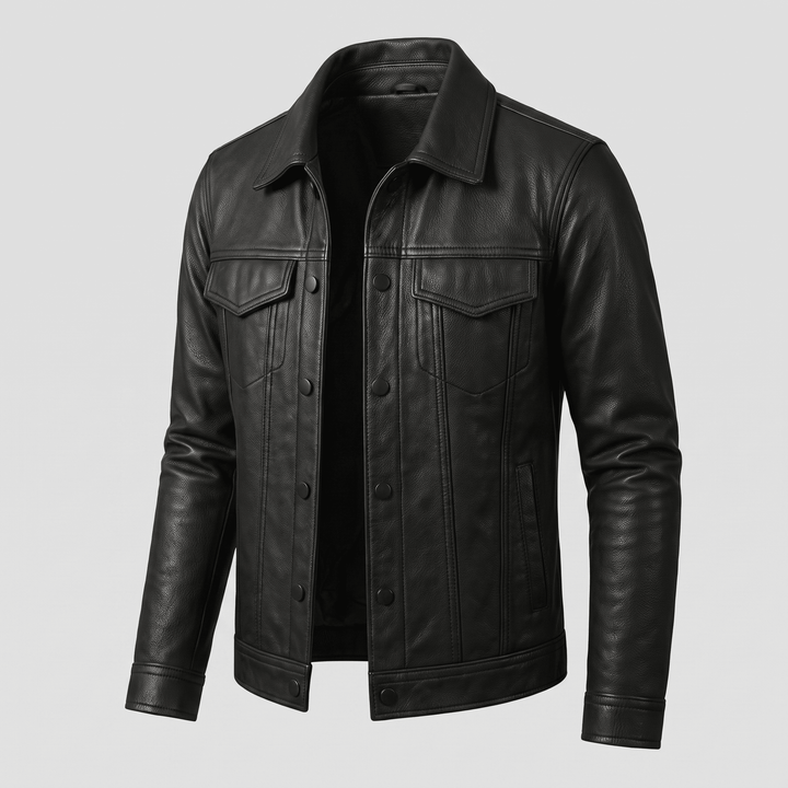 Black leather jacket with button front and two chest flap pockets, pointed collar