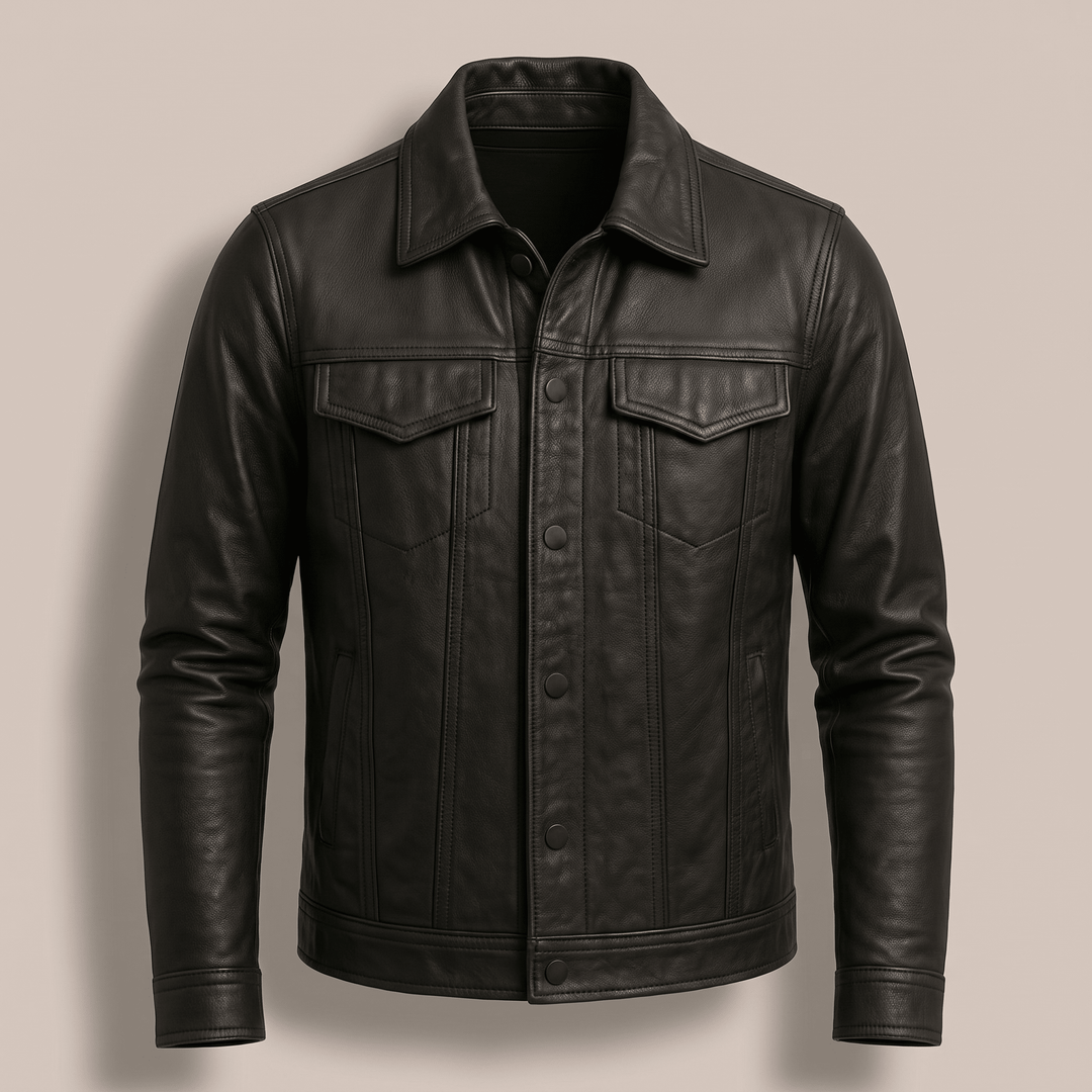 Black leather jacket with two chest flap pockets and button front, long sleeves