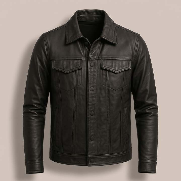 Black leather jacket with two chest flap pockets and button front, long sleeves