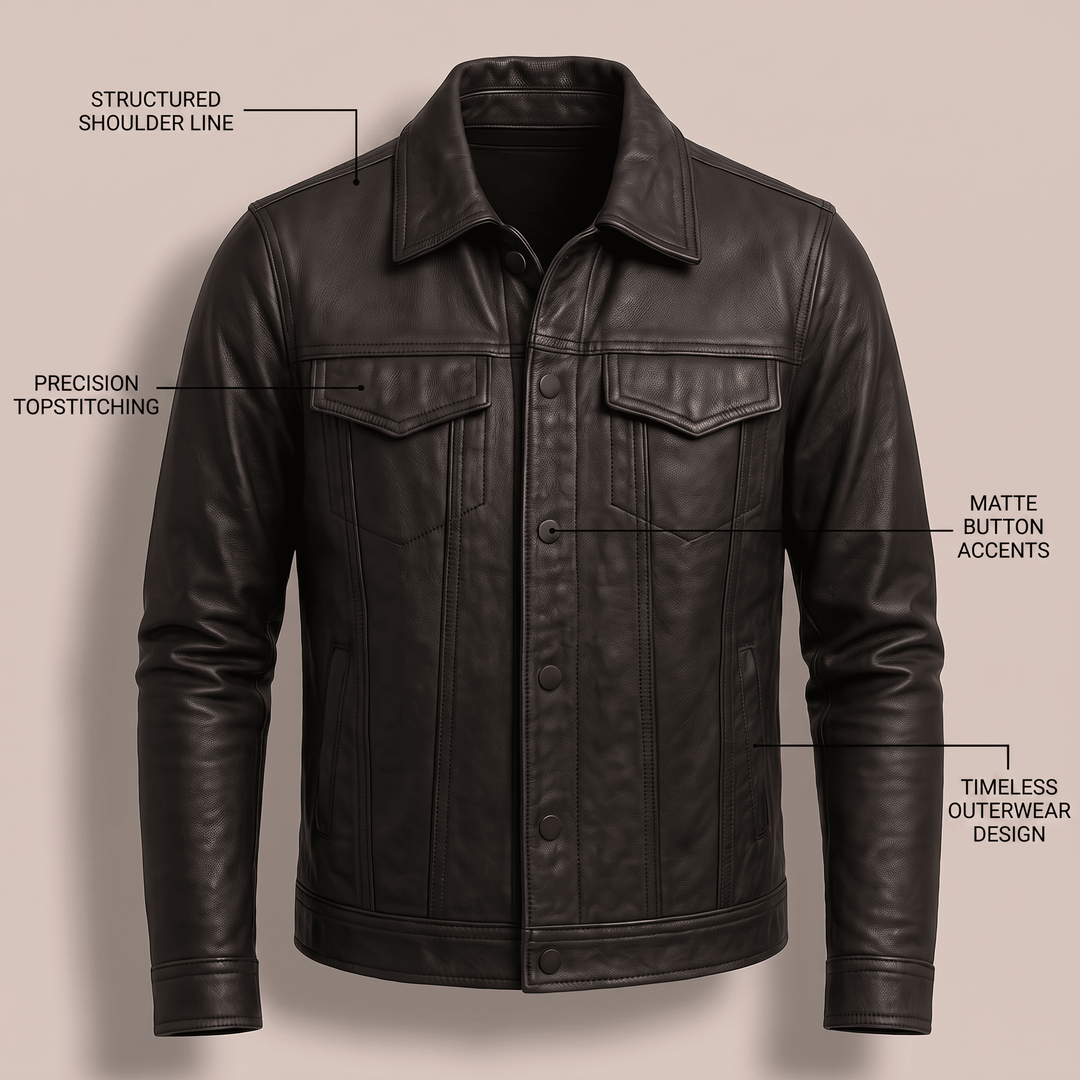 Black leather jacket with matte buttons and contrast topstitching, two flap pockets