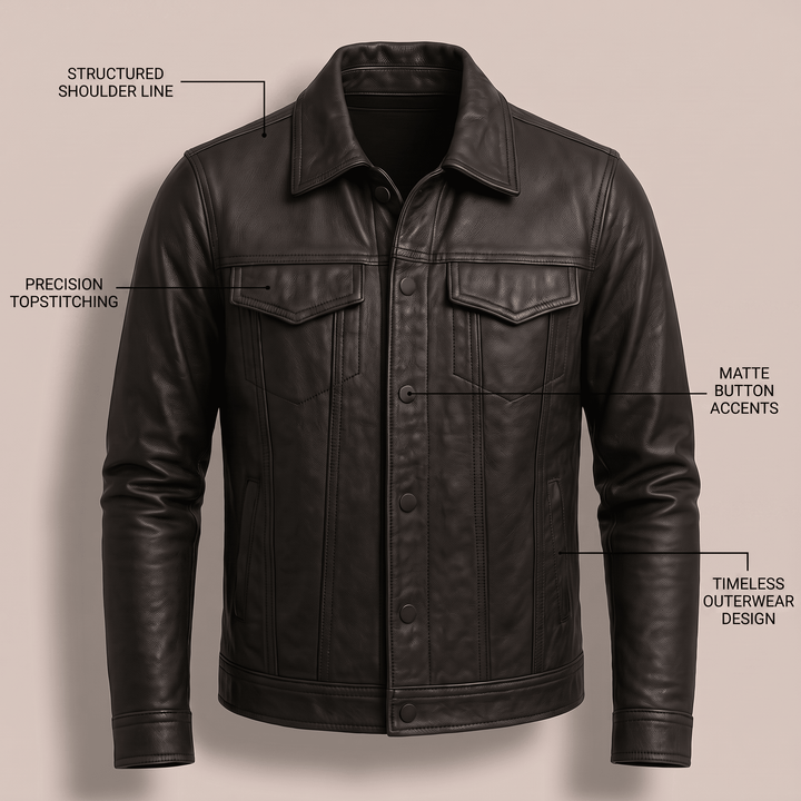 Black leather jacket with matte buttons and contrast topstitching, two flap pockets