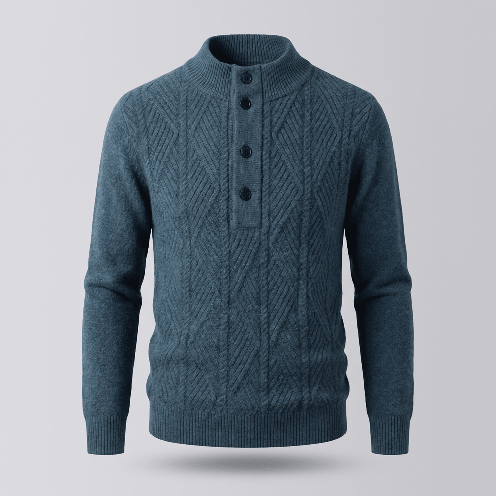 Teal blue merino sweater with mock neck, dark buttons, and cable knit texture