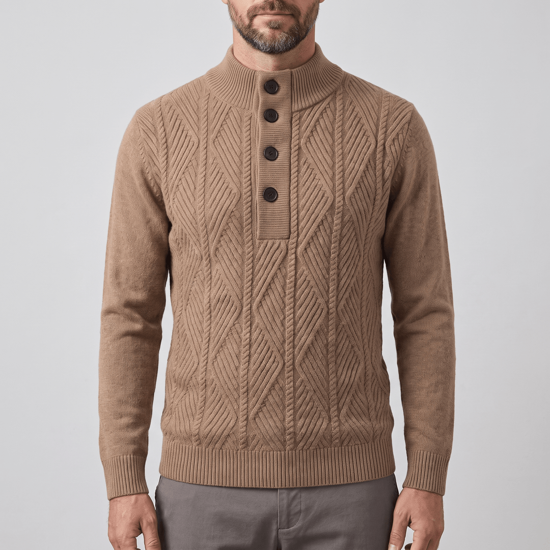 Camel merino sweater, mock neck with button placket and cable knit pattern