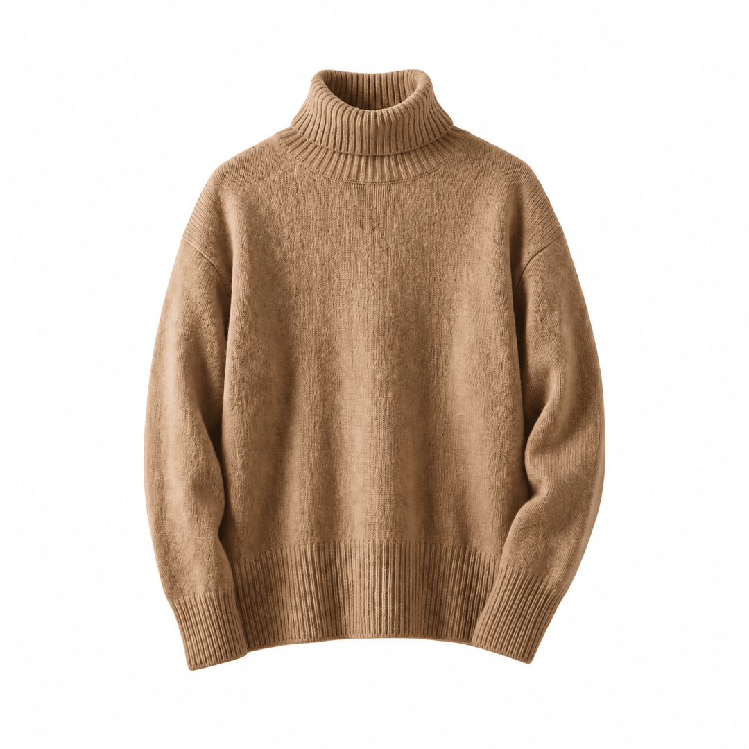 Cashmere turtleneck sweater, camel brown with ribbed turtleneck and cuffs