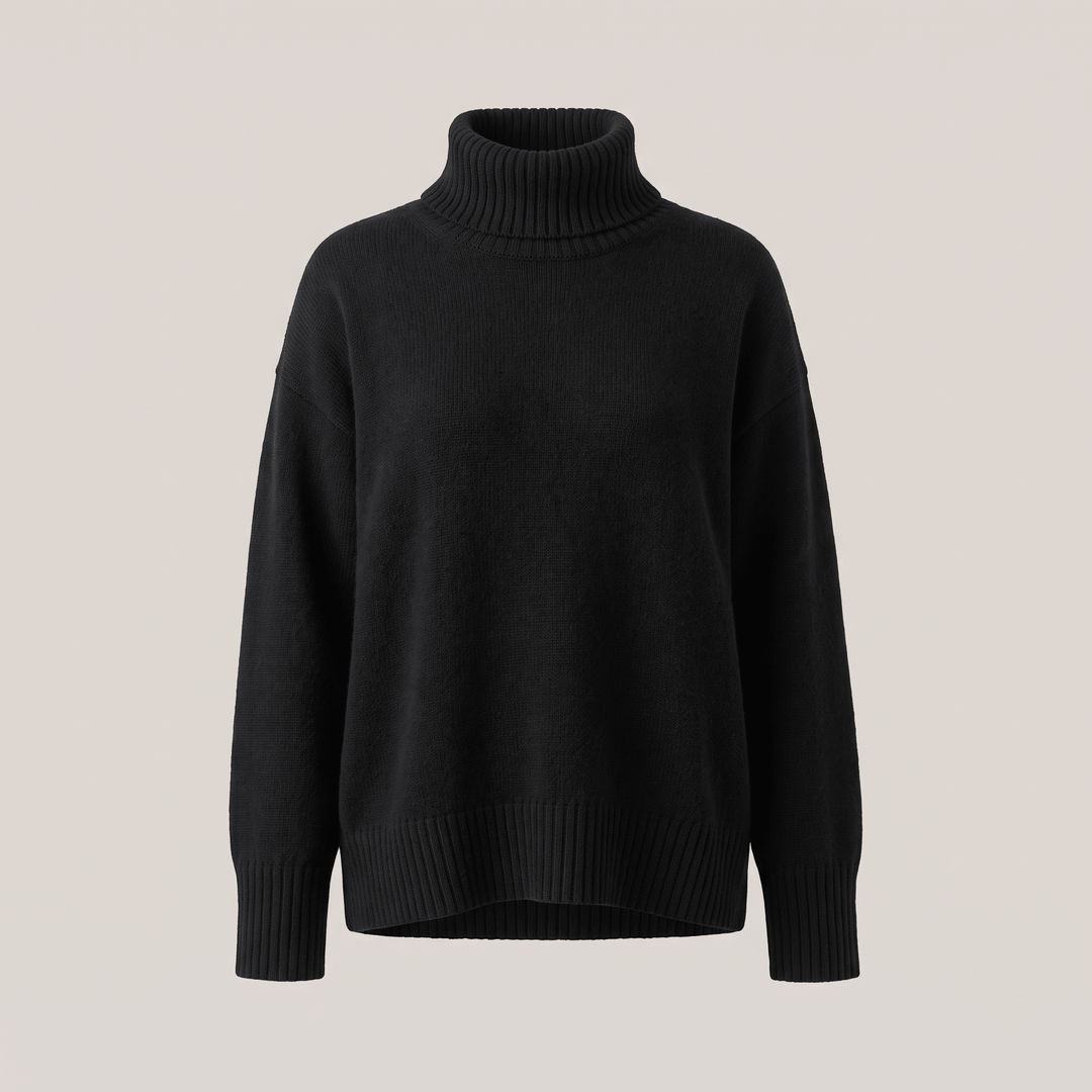 Cashmere turtleneck sweater, black with ribbed collar and cuffs