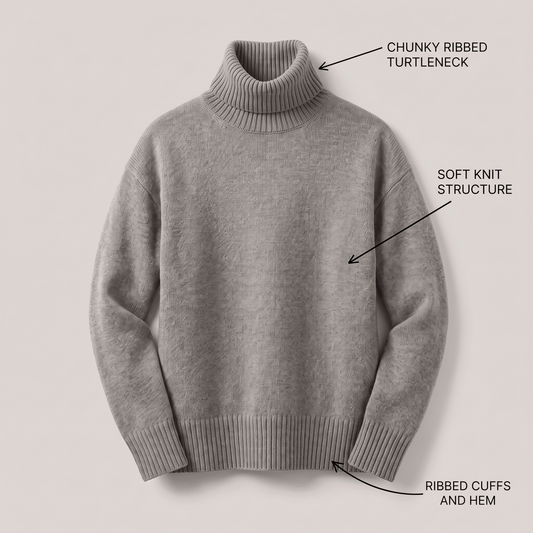 Grey cashmere turtleneck sweater with chunky ribbing at collar, cuffs, and hem